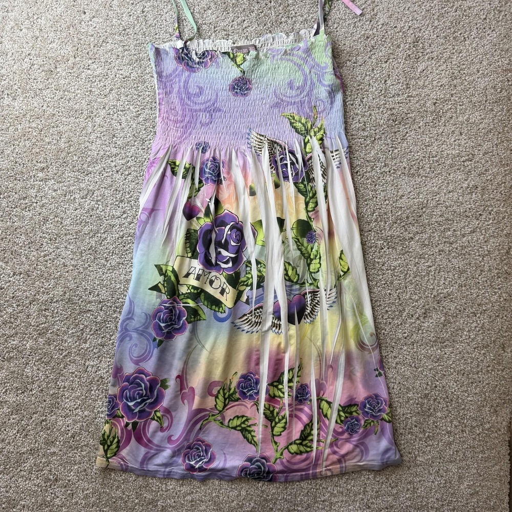 Y2K Ocean Blue Dress Womens Large Floral Sleeveless Smocked Sundress Amor
